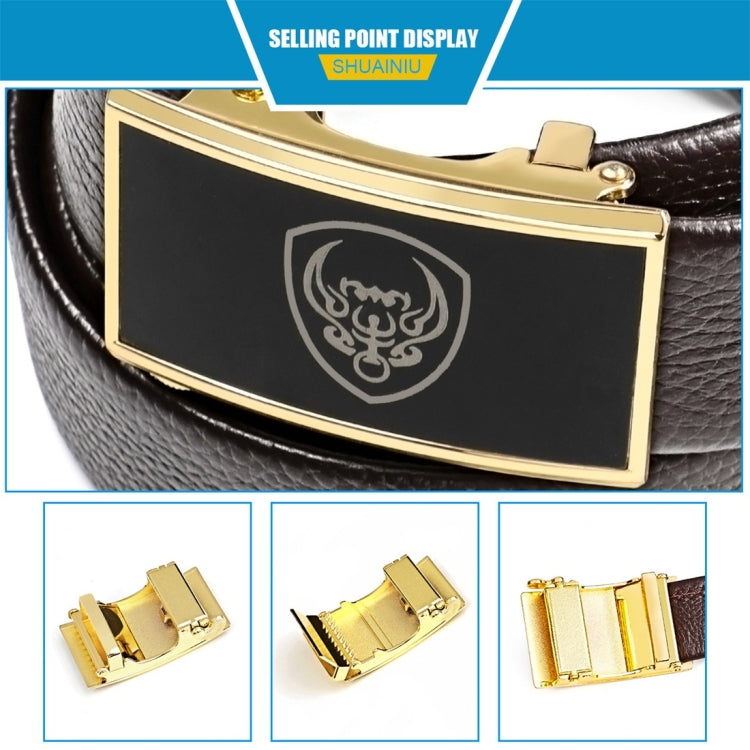 Men's black cow leather belt with gold buckle, decorative shield emblem