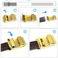 Men's belt buckle mechanism close-up with gold finish, strap folded