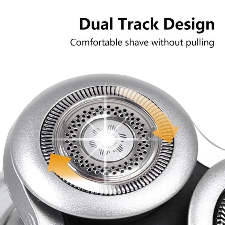 Philips razor blade head close-up of center foil and cutting ring, silver shaving plate