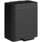 Black step-on trash can with hinged lid, ribbed panels, and front pedal