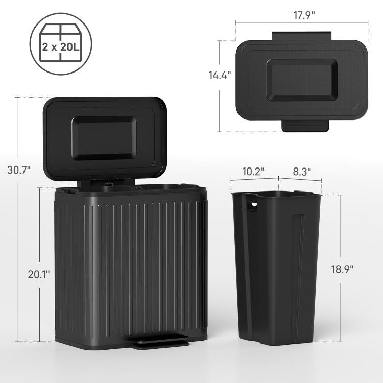 Two-compartment step-on trash can with lids, ribbed body, and foot pedals