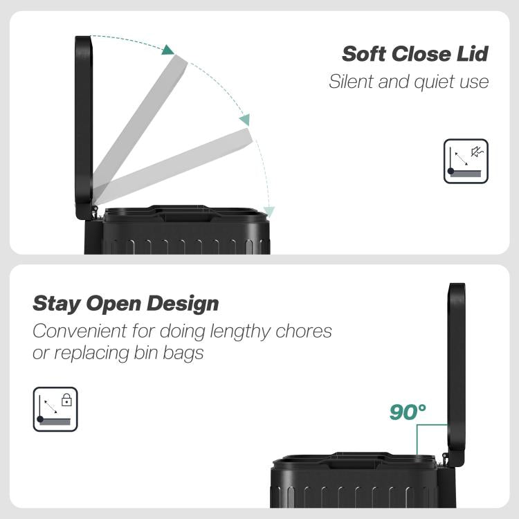 Black step-on trash can with hinged lid showing stay-open design and side panel