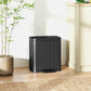 Black step-on trash can with lid, ribbed body, and front pedal for hands-free use