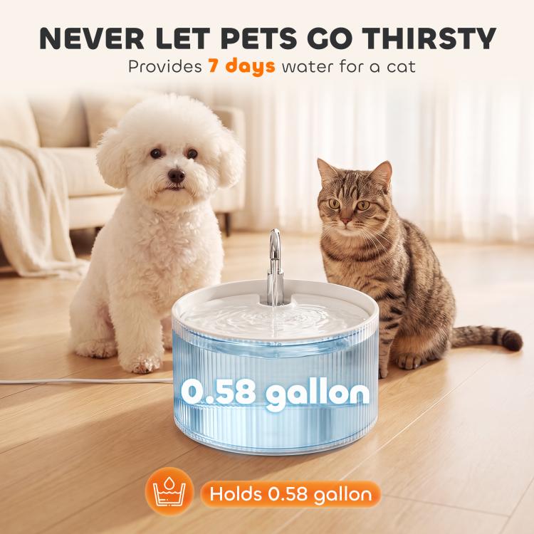 White ceramic pet water fountain with visible water flow and basin water level