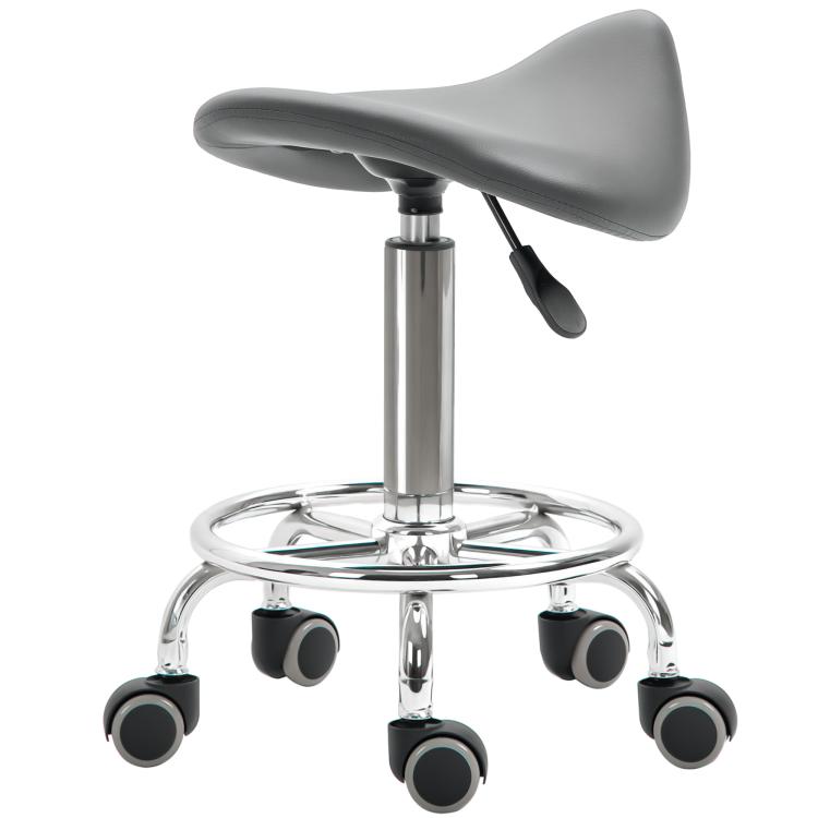 Gray PU saddle stool with height-adjust lever and five rolling casters
