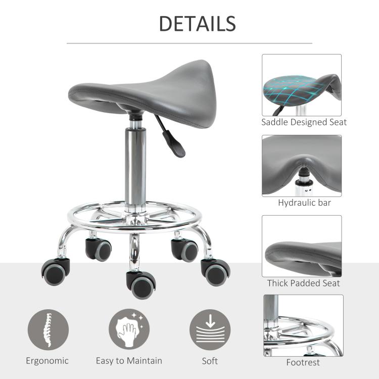 Gray thick padded saddle seat with footrest and rolling caster base