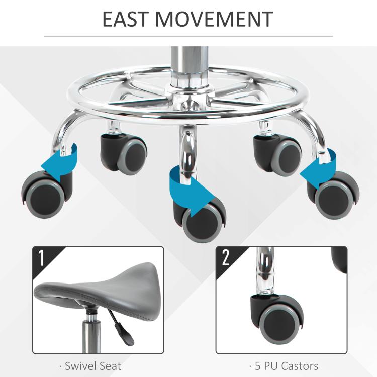 Gray swivel saddle stool with five PU casters on chrome base