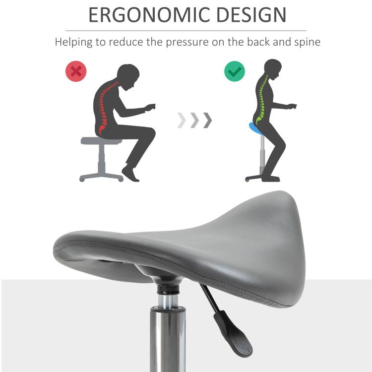 Gray saddle stool with ergonomic cutout seat and adjustable height