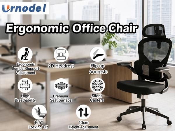 Ergonomic mesh office chair with headrest, flip-up armrests, and quiet casters