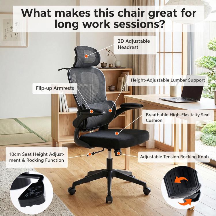 Black mesh office chair with headrest, flip-up armrests, and adjustable lumbar support