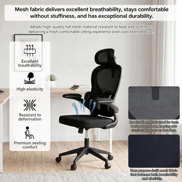 Black mesh office chair with headrest and padded seat on rolling base