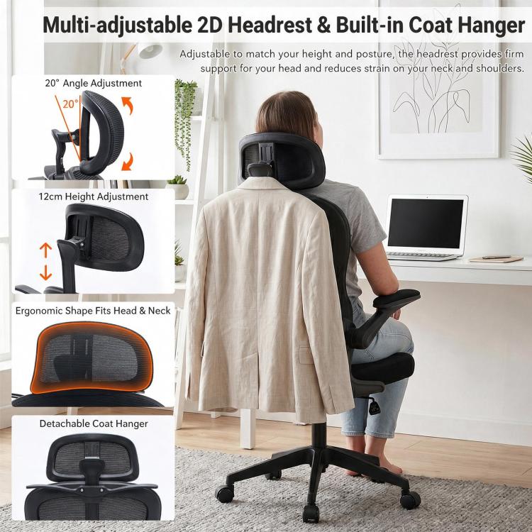 Black ergonomic office chair with adjustable headrest and built-in coat hanger