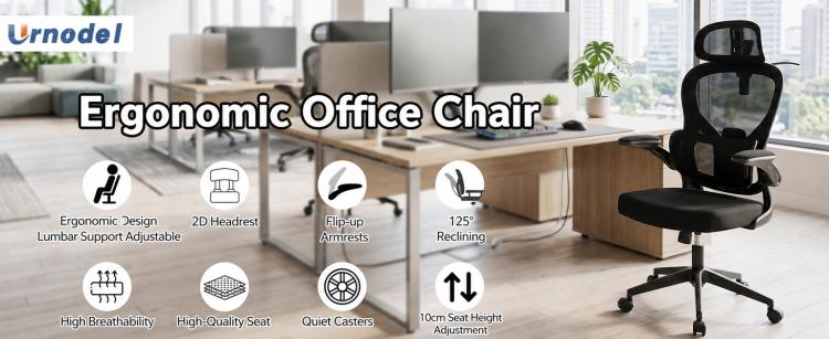 Black ergonomic office chair with headrest, flip-up armrests, and rolling base
