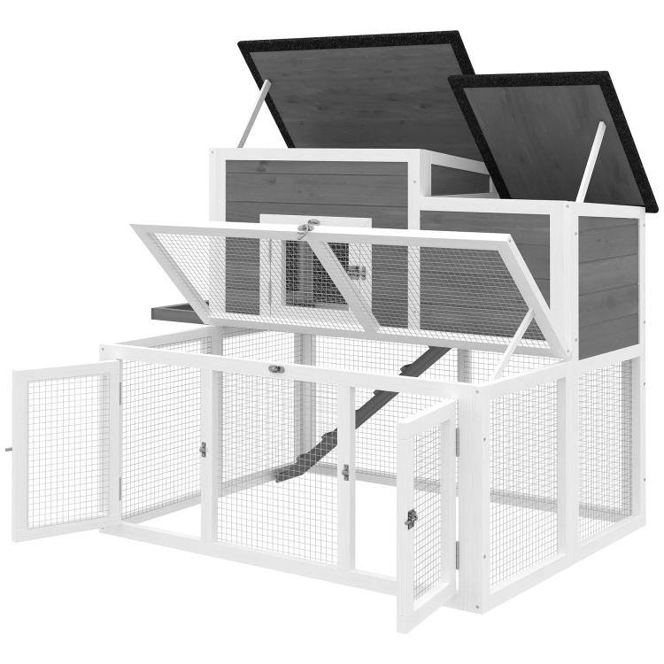 Two-level rabbit hutch with open hinged roofs and wire mesh enclosures