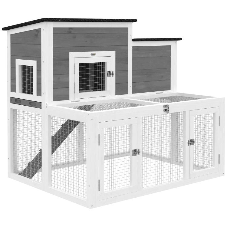 2-story wooden rabbit hutch with wire mesh doors, ramp, and pull-out tray