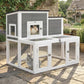 White 2-story rabbit hutch with gray side panels, wire mesh doors, and ramp