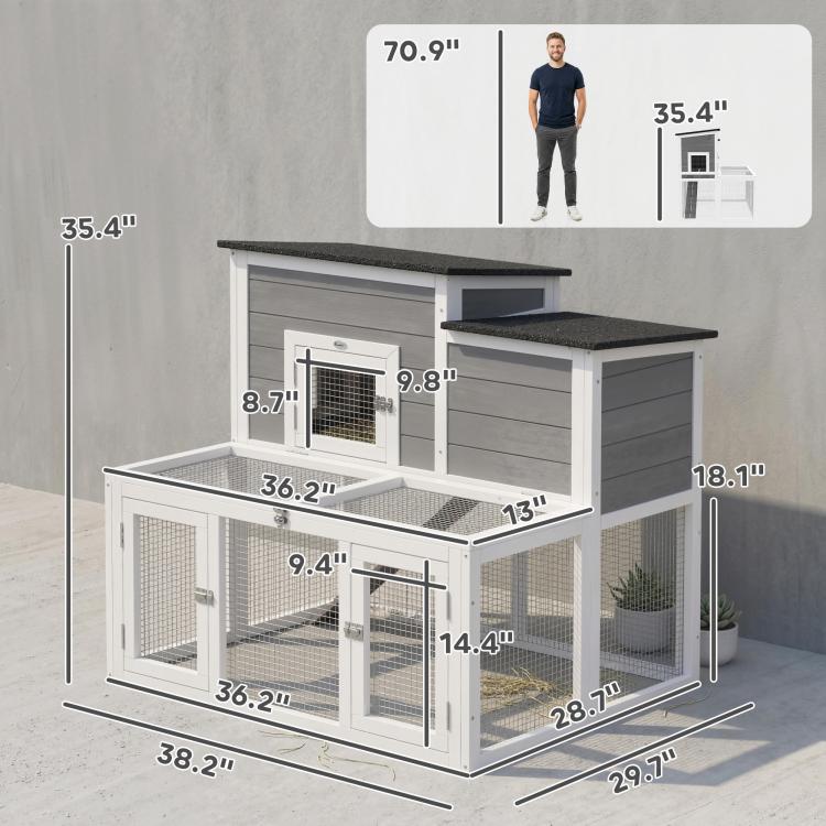 2-story rabbit hutch layout with wire mesh compartments and pull-out tray