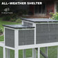 Weather-sheltered 2-story rabbit hutch with hinged black roof and wire side panels