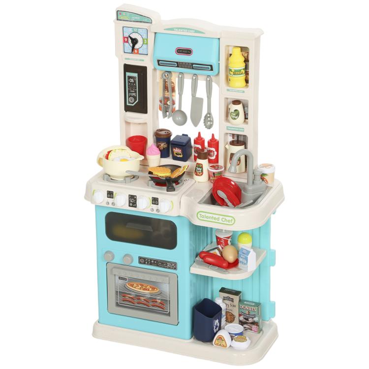 Kids play kitchen toy set with side shelves, faucet sink, and utensil holders