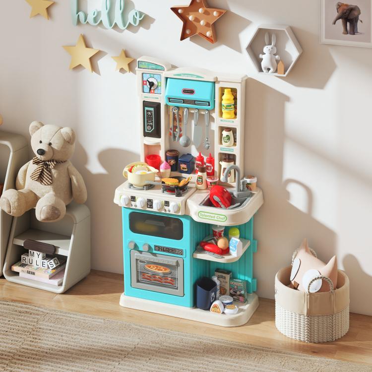 Kids play kitchen toy set with oven, countertop tools, and hanging cookware accessories