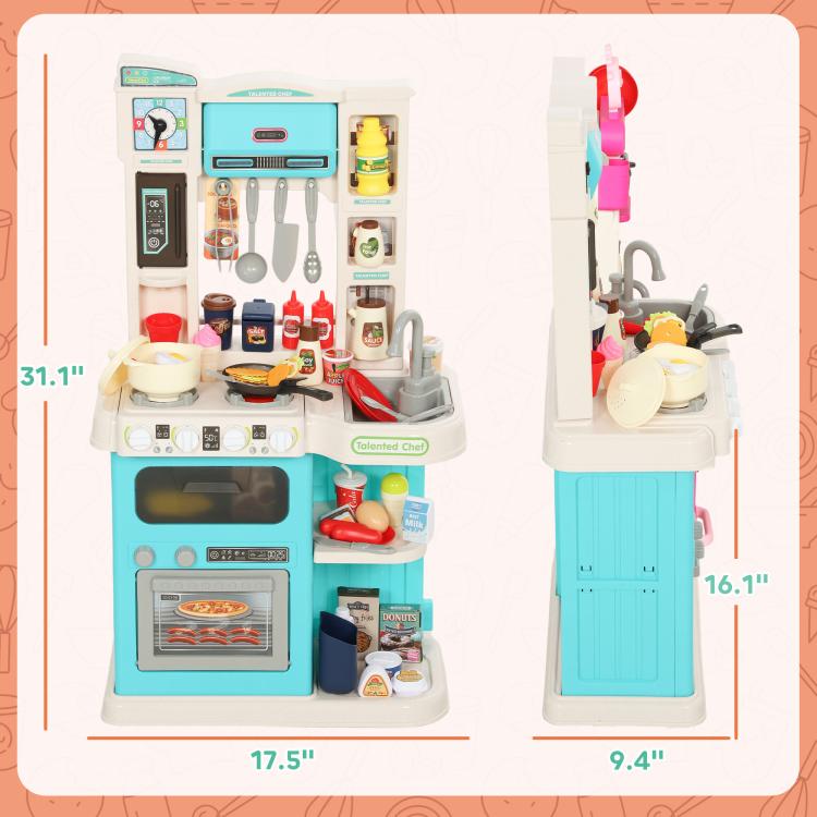 Kids play kitchen toy set size diagram: 17.5 in wide, 31.1 in tall