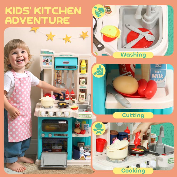 Kids play kitchen toy set with child pretending to cook beside the oven
