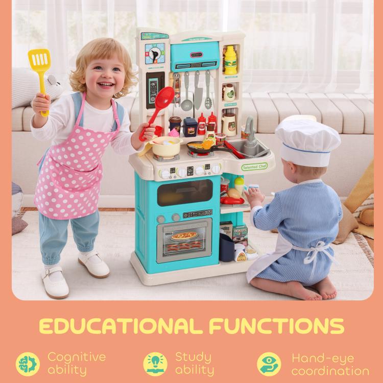 Kids play kitchen toy set with children cooking pretend meals in chef outfits