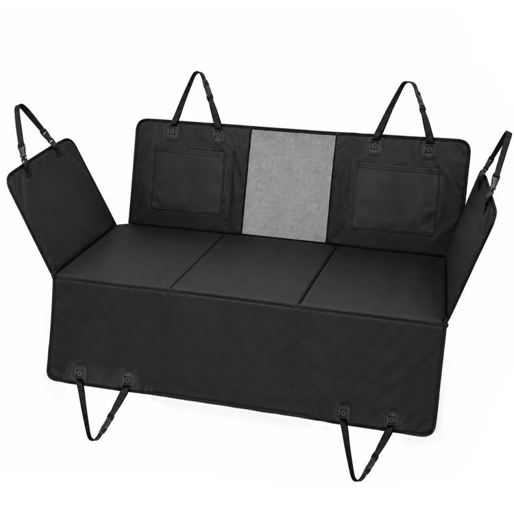Black dog car back seat extender with hard bottom board and wide hammock cover