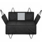 Black dog car seat extender hammock cover with straps, buckles, and center window panel