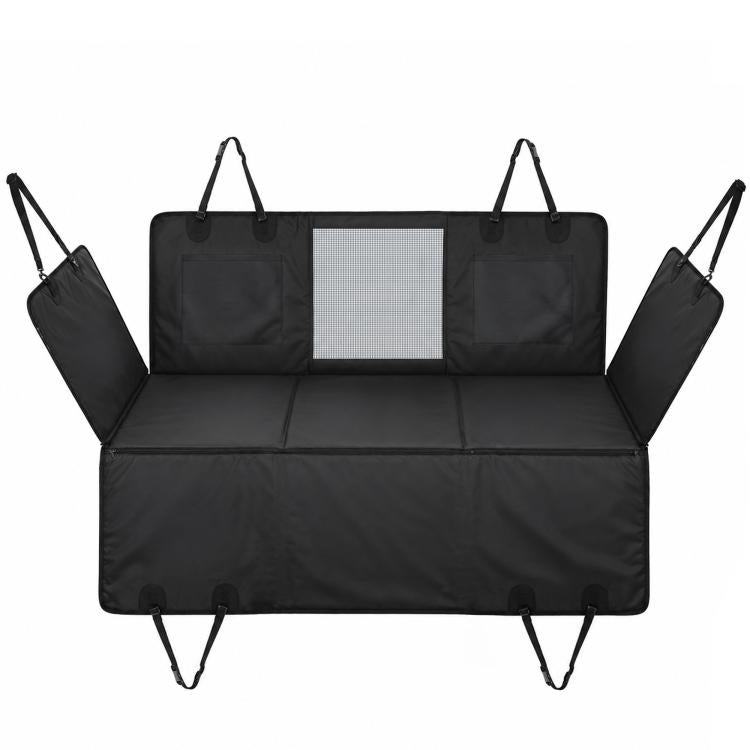 Black dog car seat extender hammock cover with straps, buckles, and center window panel