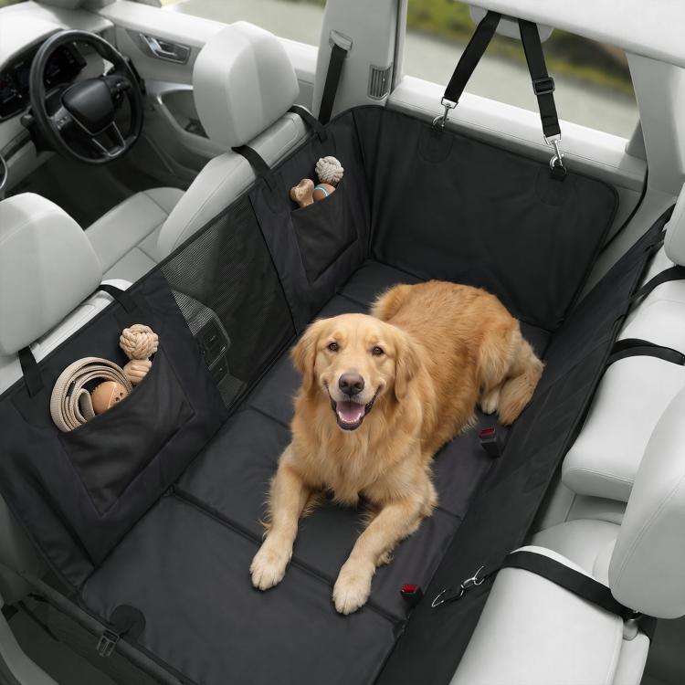 Black waterproof dog hammock car seat cover with side panels and straps, golden retriever