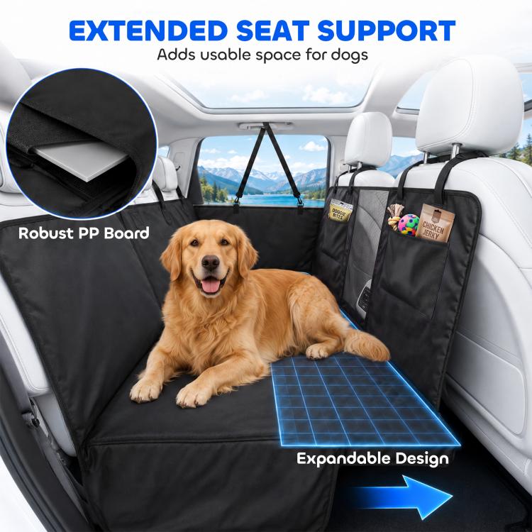 Black dog car back seat cover with raised PP board support and adjustable straps