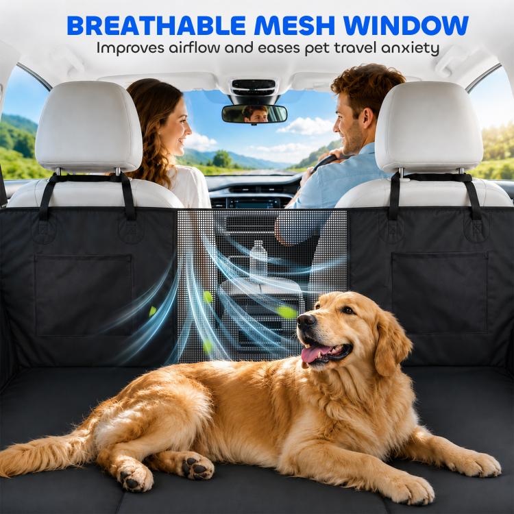Black dog car seat cover with breathable mesh window and side tether straps