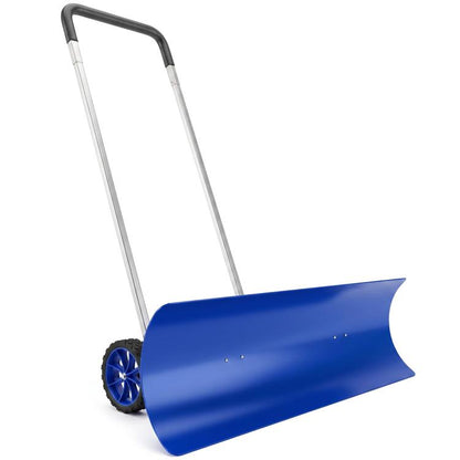 Blue snow shovel with wheels and wide pusher blade, aluminum handle
