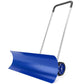 Blue snow pusher shovel with wheels, wide curved blade and two silver handles