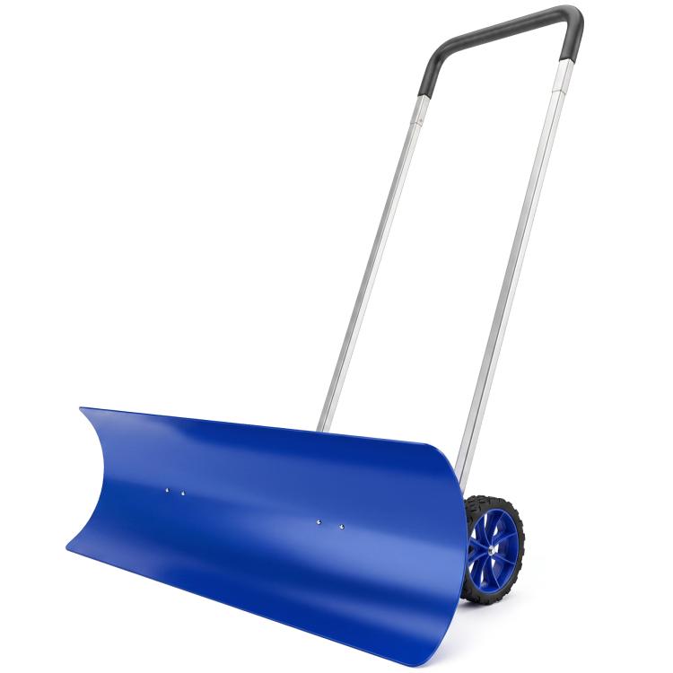 Blue snow pusher shovel with wheels, wide curved blade and two silver handles