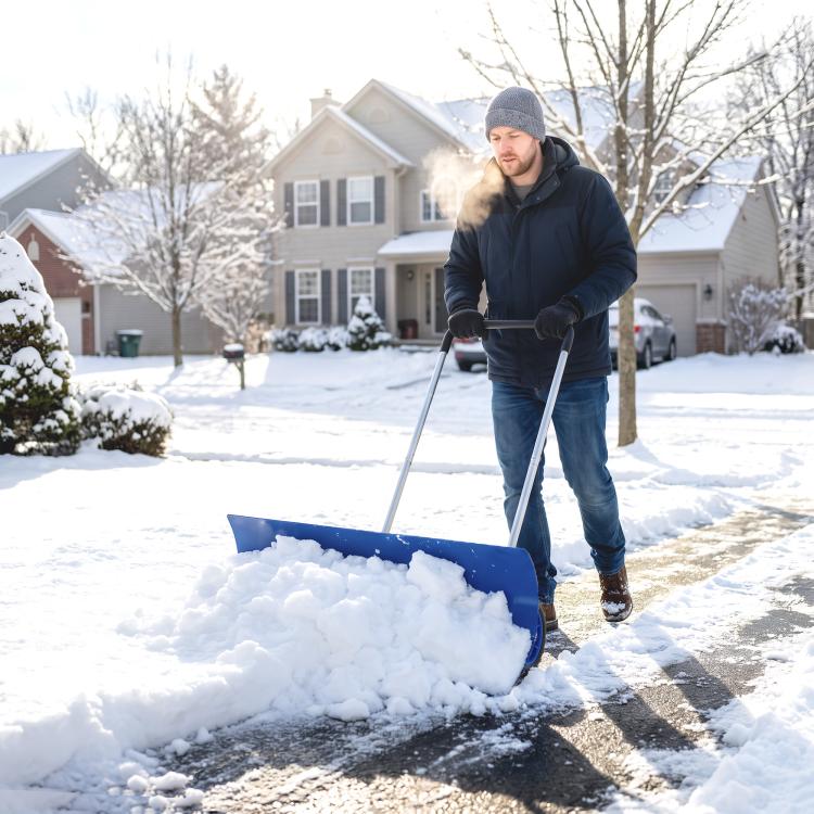 Blue wheeled snow shovel clearing snow with wide blade and adjustable long handle