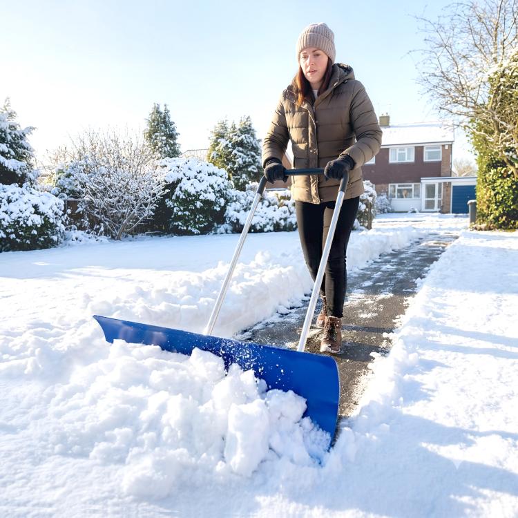 Blue wheeled snow shovel with wide blade and long ergonomic handle