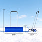 Blue snow shovel size view with wheels, wide blade and tall U-shaped handles