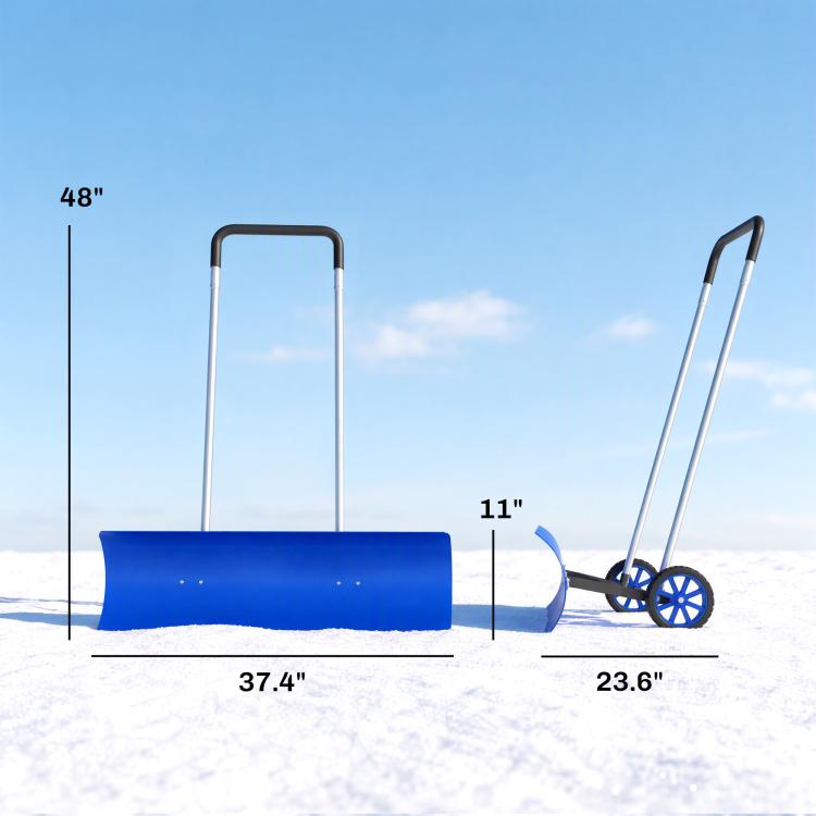 Blue snow shovel size view with wheels, wide blade and tall U-shaped handles