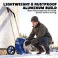 Blue aluminum snow shovel with wheels, rust-resistant frame and adjustable handle