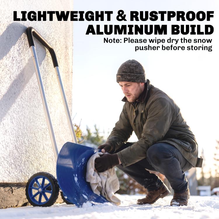 Blue aluminum snow shovel with wheels, rust-resistant frame and adjustable handle