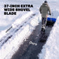 Blue extra-wide snow shovel blade on wheeled frame with long push handle