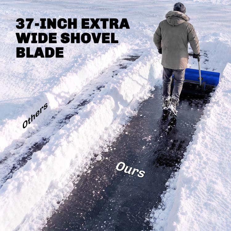 Blue extra-wide snow shovel blade on wheeled frame with long push handle