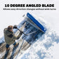 Blue angled blade snow shovel on wheels with long silver handle