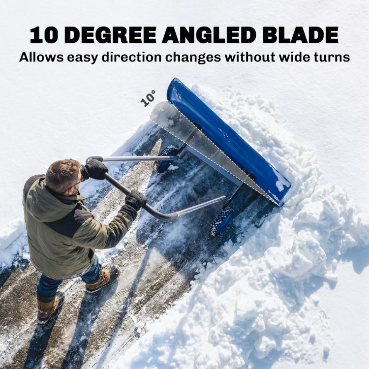 Blue angled blade snow shovel on wheels with long silver handle