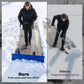 Blue wheeled snow shovel pushing snow on driveway with wide blade