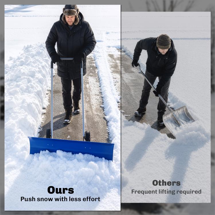 Blue wheeled snow shovel pushing snow on driveway with wide blade