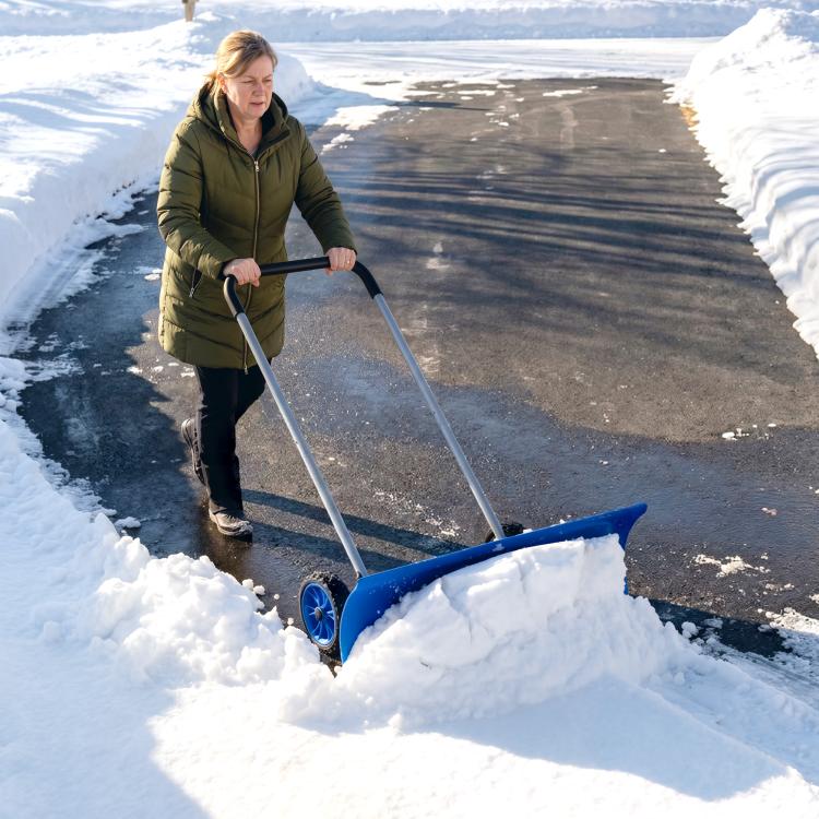 Blue wheeled snow shovel with wide curved blade and long silver handles