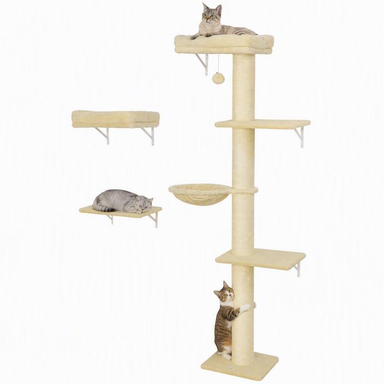 Beige wall-mounted cat tree set with multiple platforms, hammock bed, and scratching post